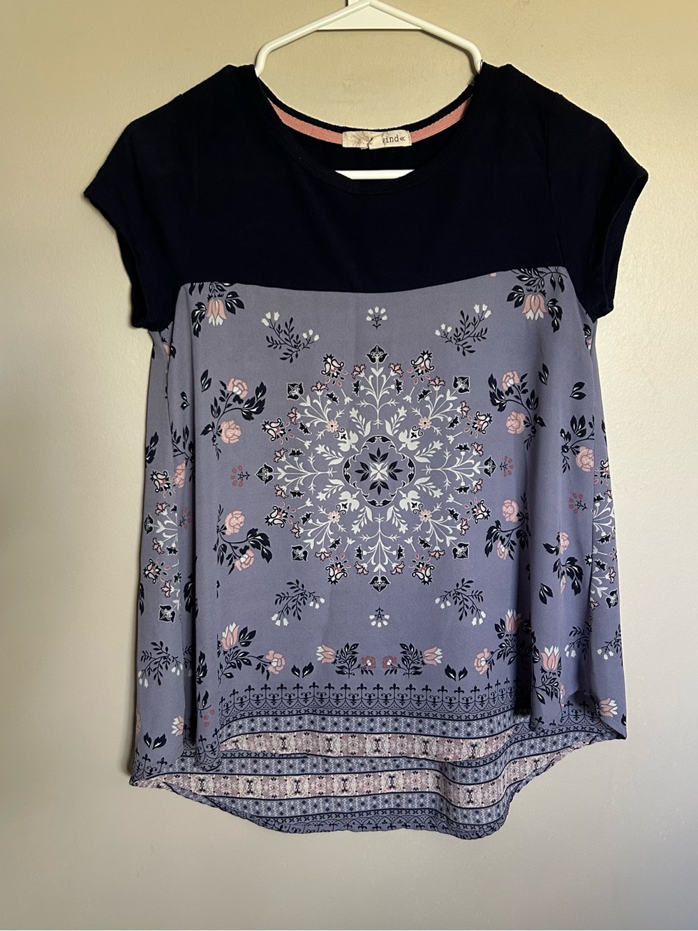 Juniors Rewind Navy Yoke Lavender Medallion Flowy Short Sleeve Top